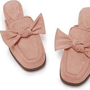 Coutgo Women's Flat Mules Bow Knot Square Quilted Faux Suede Slip On Pink Sz7